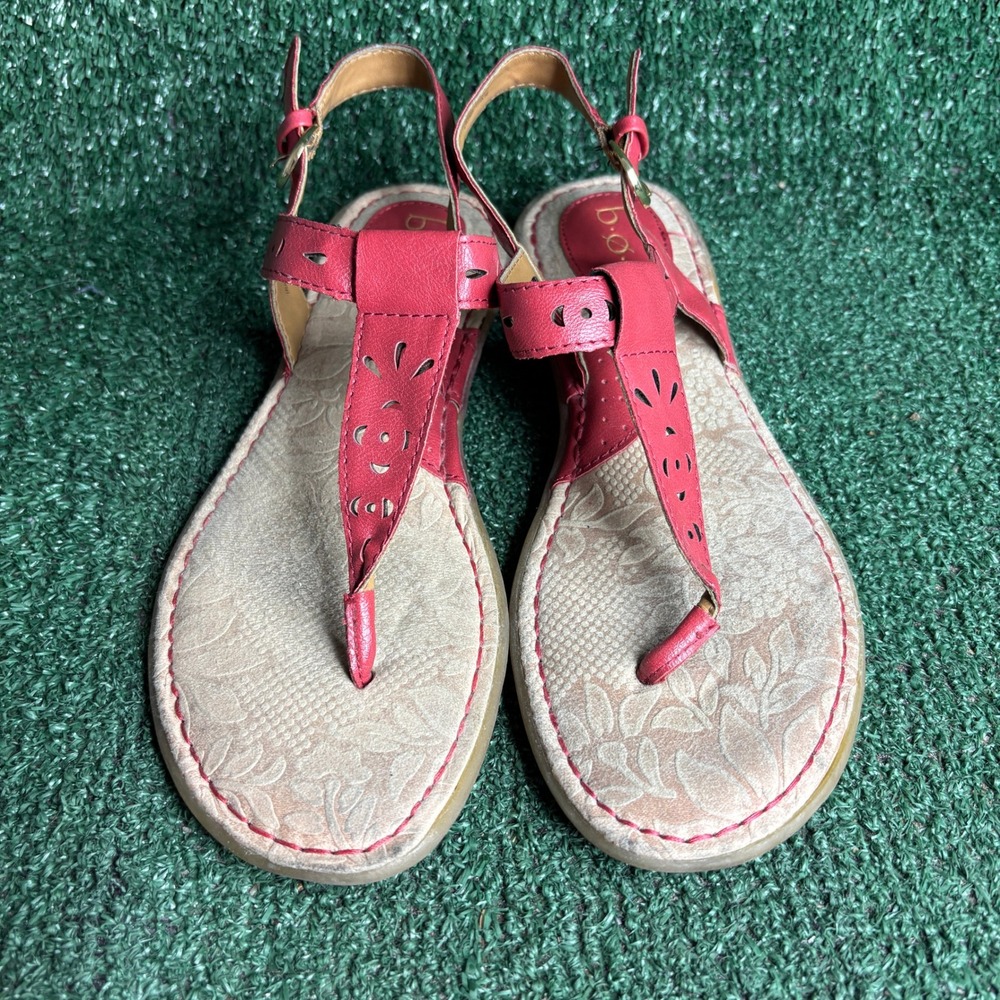 b.o.c. Born Concept C63905 Laser Cut Boho T-Strap Flat Sandal Red Womens Size 8M